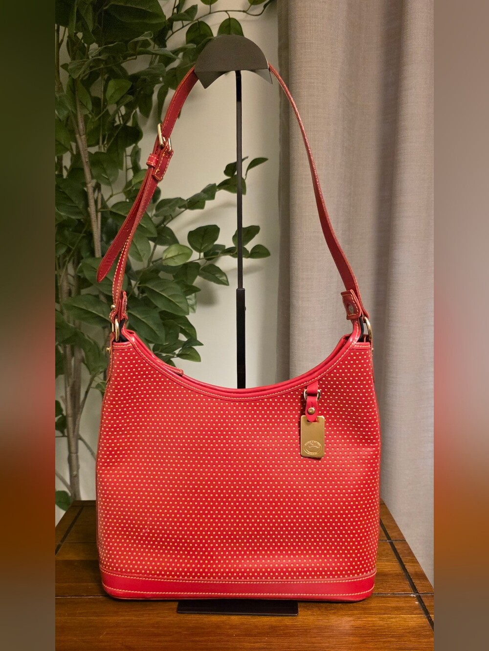 Dooney & Bourke Cabrio Red and Yellow Polka Dot Perforated Leather Hobo Purse